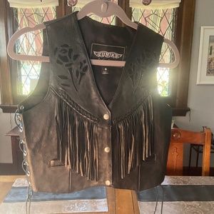 UNIK Leather Apparel Black Biker Fringed Leather Vest Size Small Vintage